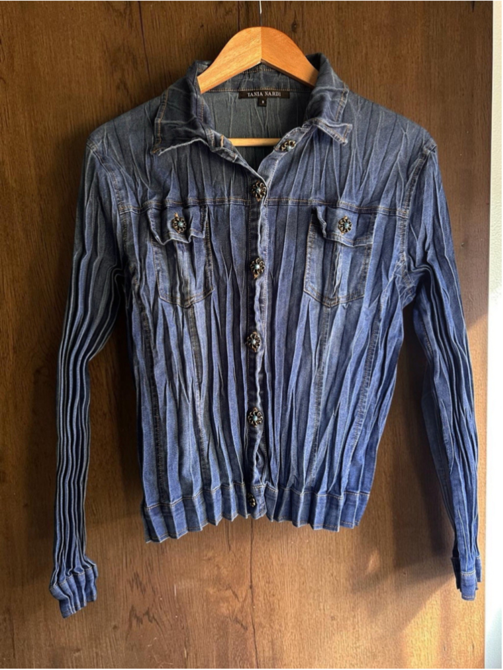 Tania Nardi Women’s Denim Crinkle Button Down Shirt Western Boho Medium Handmade